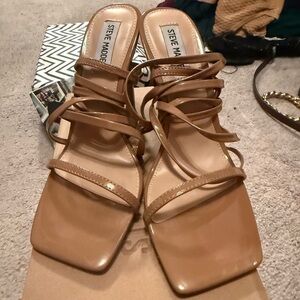 Steve Madden Brown Strappy Square-Toe Lace-Up Heeled Sandals